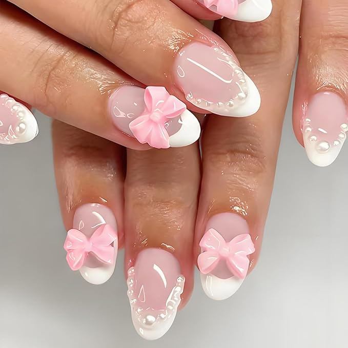 White French Tip Press on Nails - 3D Bow False Nails Short Almond Fake Nails Press ons with Pearls Design, Glossy Acrylic Full Cover Reusable Glue on Nails for Women Manicure 24Pcs