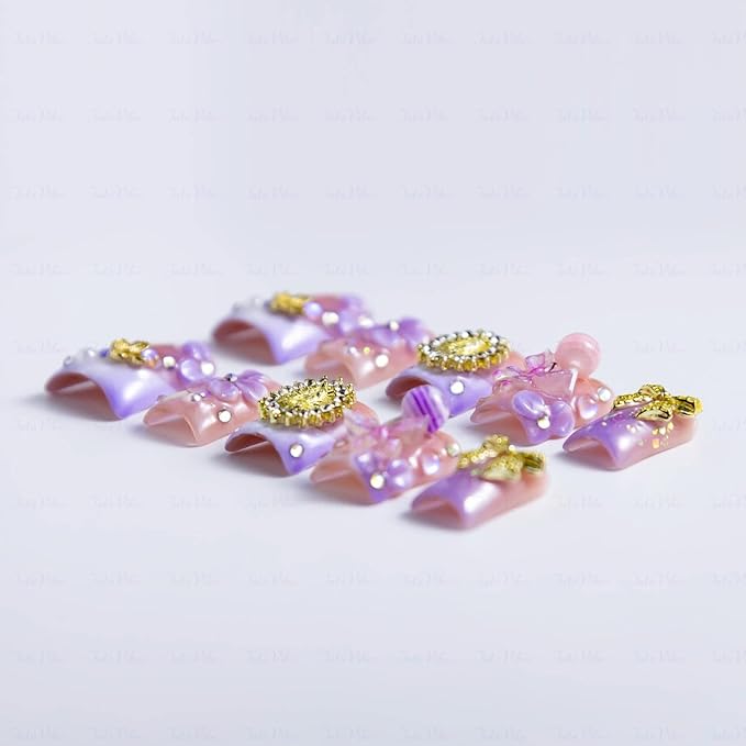 10 Pieces Luxury Acrylic Press On Nails Short Handmade Duck Nails, Pink And Purple Thickened False French Nails, Golden Bowknots, 3D Flowers And Lollipops, Reusable Acrylic Nails (S)