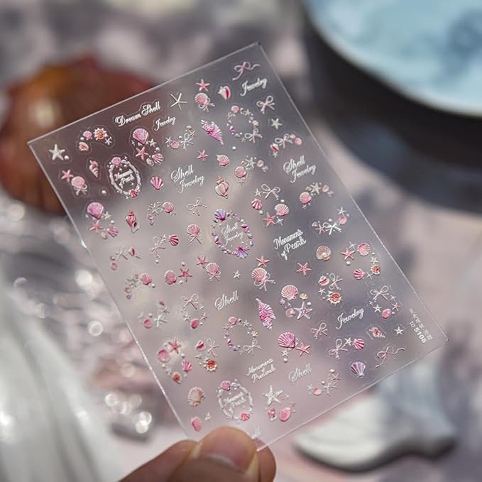Ocean Nail Stickers 3D Self-Adhesive Pink 5D Embossed Pearl Seashell Starfish Nail Decals Flower Nails Supplies Star Bow Nails Designs Summer Nail Art Decoration for Women DIY Manicure 1 Sheet