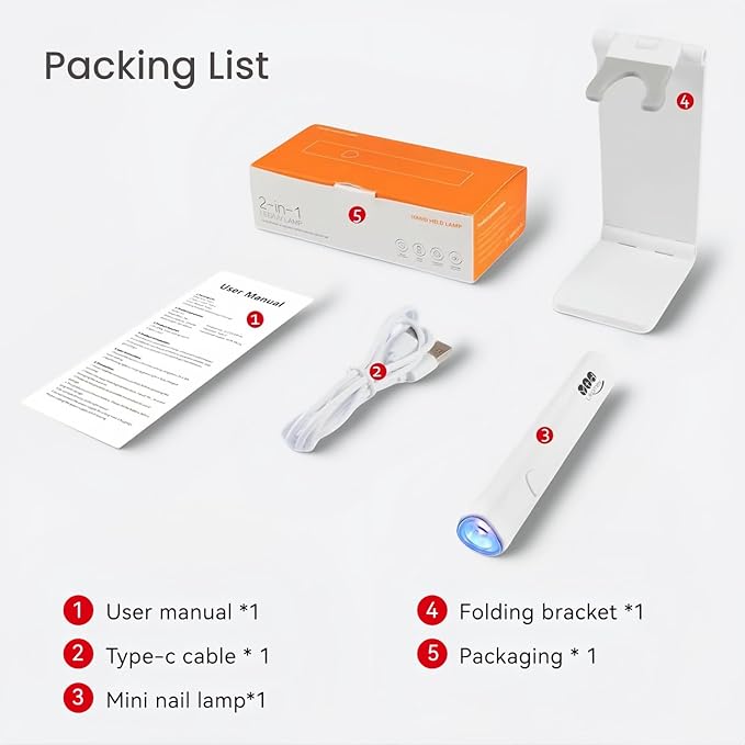 YTD Likomey Handheld UV LED Lamp for Gel Polish,White Quick Dry Mini Nail Light with Folding Bracket, Portable Cordless Rechargeable for Fast Curing UV Nail Glue Builder Extension Gel