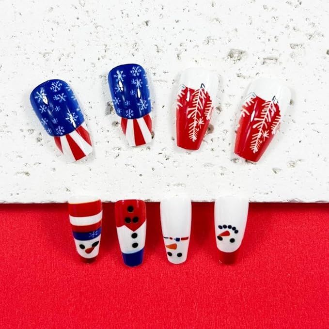 Independence Day Press on Nails Medium Coffin Fake Nails with Snowman Design Snowflake 4th of July Nails Red Blue Striped Glue on Nail Glossy Summer Christmas False Nail for Women Manicure 24Pcs