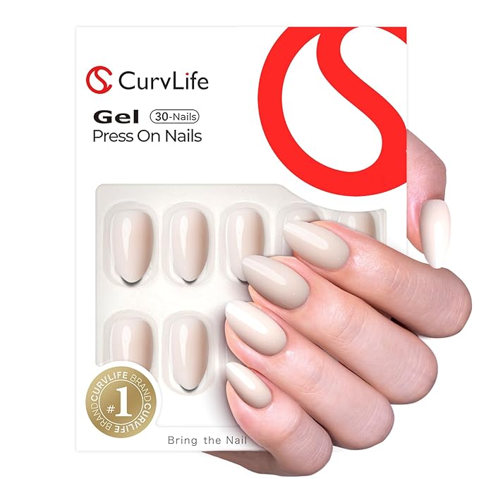 CurvLife Press On Nails Medium Almond Milky White, Soft Gel Reusable Fake Nails, Stick On and Glue On Nail Kit with Adhesive Tabs, Natural Fit, Salon Quality for Women