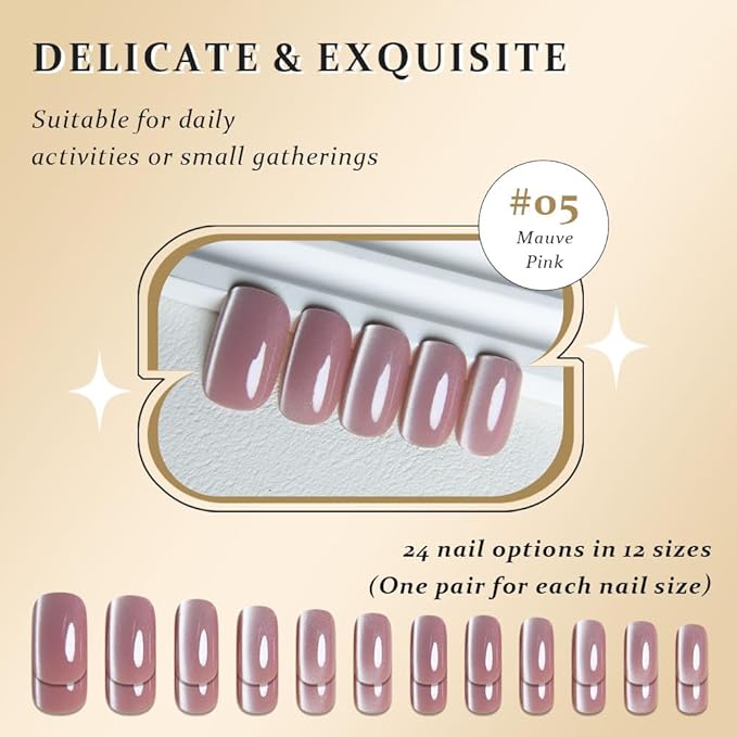Mauve Pink Cat Eye Press on Nails Medium Square, Medium Square Press Stick on Nails Chrome for Women Gift, Mauve Holographic Glitter Glossy Reusable Gel Acrylic Fake Nail with Designs Cateye Effect