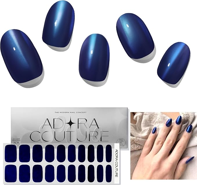 Semi-Cured Gel Nail Strips - 20 Salon-Quality Gel Sticker with UV Light Required, Long Lasting, Easy Application & Removal, Includes Prep Pad, Nail File, Wooden Stick (Metallic Blue)