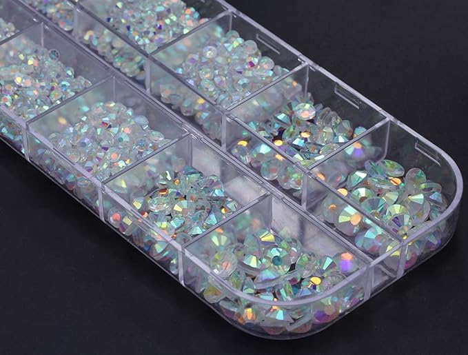 Over 2100 Pieces Transparent AB Flat Back Glass Rhinestones Crystals for Nail Art Kit 6 Sizes (1.4mm - 4.8mm)