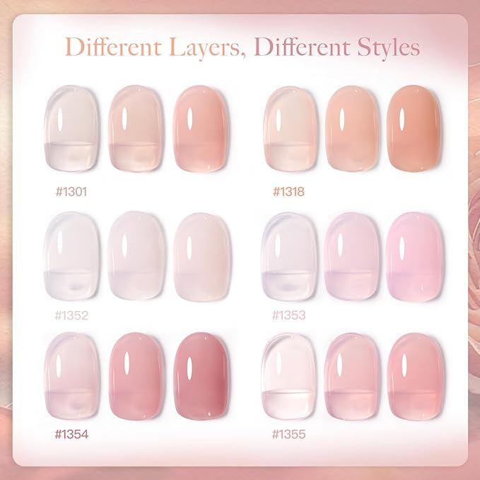 GAOY Gel Nail Polish Kit with UV Light for Beginners, 6 Colors Sheer Jelly Nude Pink, Gel Polish Kit with Top and Base Coat for Salon and Nail Art DIY at Home, Pinkish