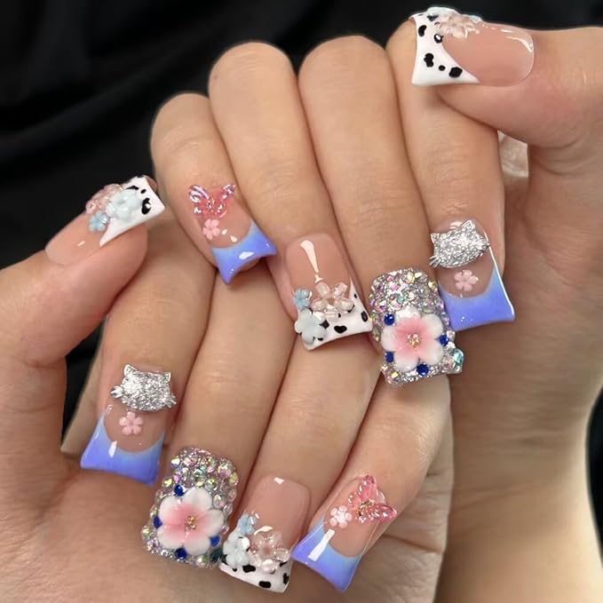 Press On Nails - Handmade French Duckbill Shape Nails, Cute 3D Butterfly and Floral Fake Nails, 10 Pcs Reusable Artificial Sparkling Diamonds False Nails for Women (Size S)