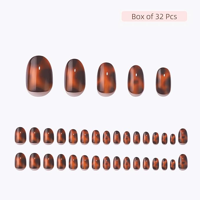 Press On Nails - Tortoise | Amber Tortoise Shell Short Oval, Salon Quality | 32 Nails, 16 Sizes Kit with Glue and Adhesive Tabs I Female Founded - Beauty, Self Care