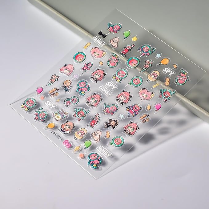 Anime Nail Stickers 5D 3D Embossed Japanese Kawaii Nail Art Decals for Unisex DIY Nail Design, Self Adhesive Stickers for Natural Gel Press On Nails, Cute Otaku Cosplay Gift (HEH)