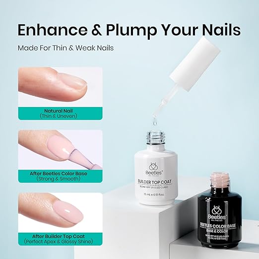 Beetles Rubber Base Gel and Builder Top Coat Gel Nail Polish Set, 2Pcs 15ML Nude Nail Polish Pink Neutral Color Base No Wipe Builder Top Coat, Thick Flexible Base for Nails Strengthening