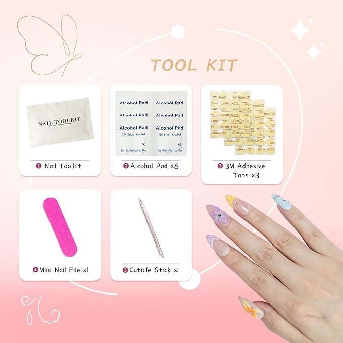 Handmade Press on Nails Summer Sea 3D Ocean Shell False Nails for Girls Reusable Beach Design Medium Almond Stick on Nails Floral Acrylic Fake Nails for Vacation