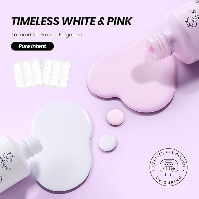 Beetles French Tip Gel Polish Set - Spring White Pink Gel Nail Polish Set Soak Off UV LED with 2 Styles Classic French Nail Art Sticker Sheets Manicure DIY Home Salon Gifts for Women Pure French