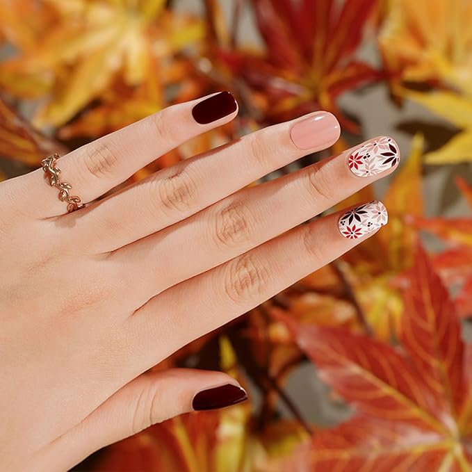Semi Cured Gel Nail Strips - 20Pcs Brown UV Gel Nail Wraps with Fall Leaves Design, Long Lasting Salon-Quality Stickers, Includes Nails File & Wooden Stick - UV/LED Lamp Required