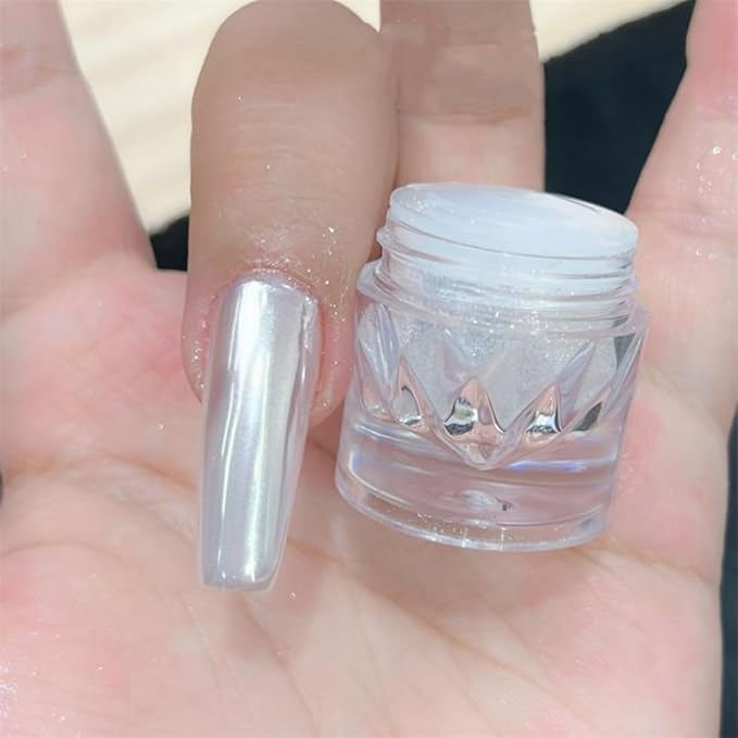 Super Glossy Mirror Effect White Pearl Chrome Nail Powder, Magic White Moonlight Effect Iridescent Pigment Powder for Nails