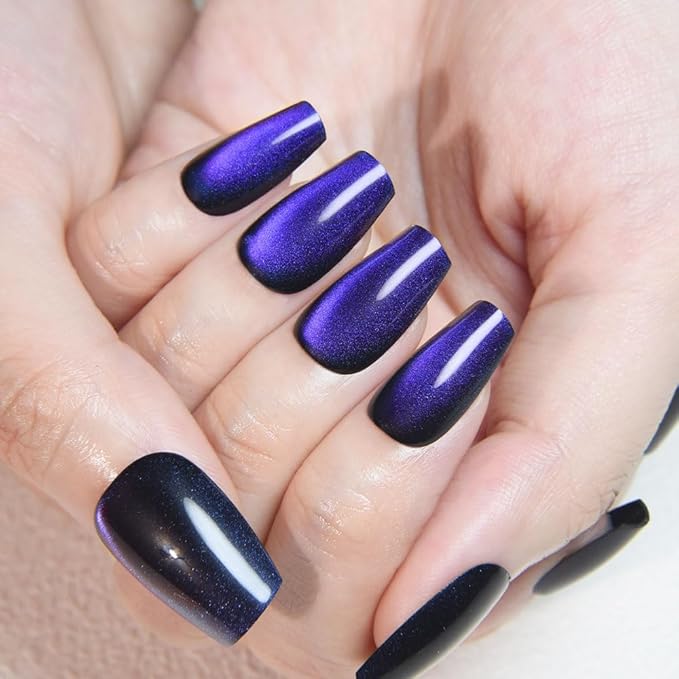 evpct Royal Blue Cat Eye Coffin Press on Nails Square Medium, Medium Square Stick on Nail for Women Gift, Royal Blue Metallic Glitter Glossy Reusable Soft Gel Press on Acrylic Fake Nails with Designs