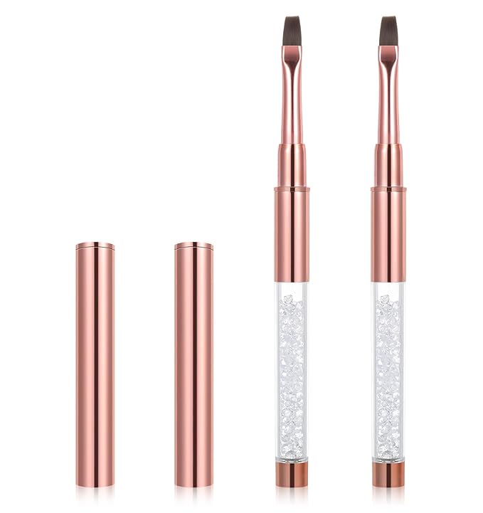 2Pcs Gel Brushes for Nails, Oval UV Builder Gel Brush for Nail Polish Brushes with Rhinestone Handle, Manicure Art Design for Nail Application, Rose Gold
