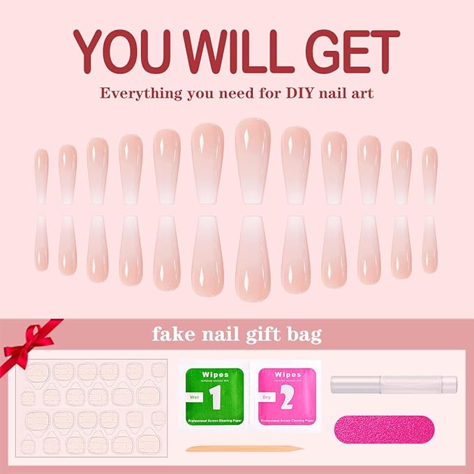 Yivaiks Nude Long Press on Nails Coffin Gradual Natural Artificial Nails for Women Fake Nails Kit 24pcs