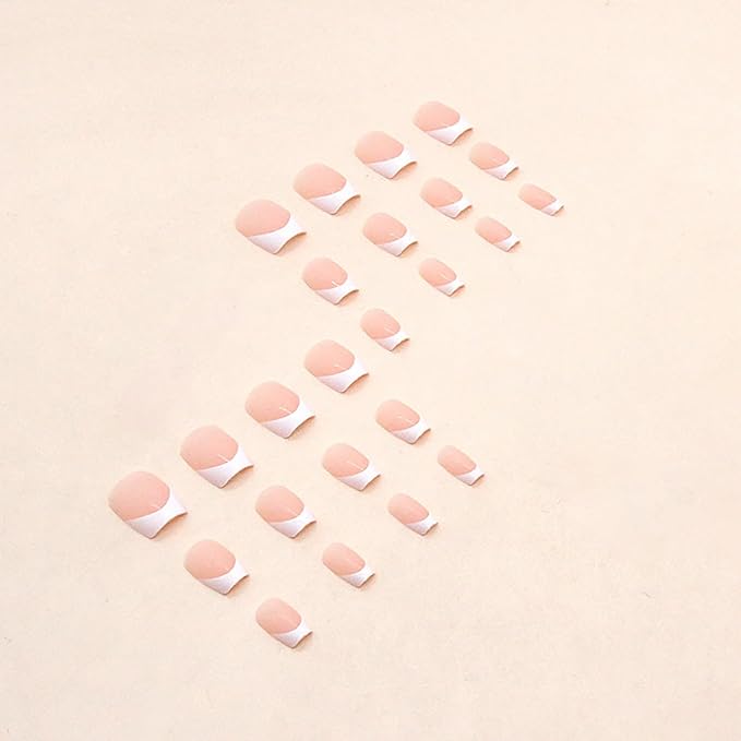 Extra Short Square French Tip Fake Nails White Full Cover Glue on False Cute Acrylic Press on Handmade Stick on Artificial Nails for Women Girls 24Pcs
