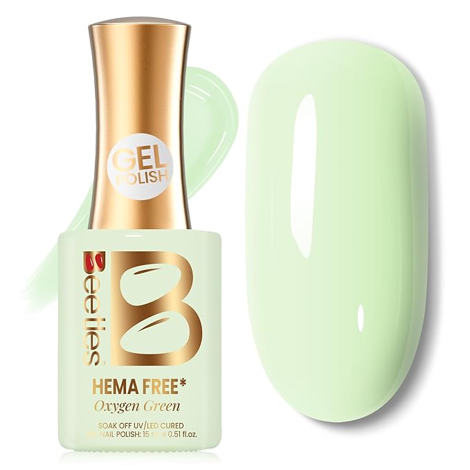 Beetles Green Gel Nail Polish - OxygenGreen 15ML, Hema Free Pastel Green Gel Polish, Same Color Same Bottle, Soak Off UV LED Lamp Pastel Nails Art, Manicure Salon DIY Spring Nails for St Patricks Day