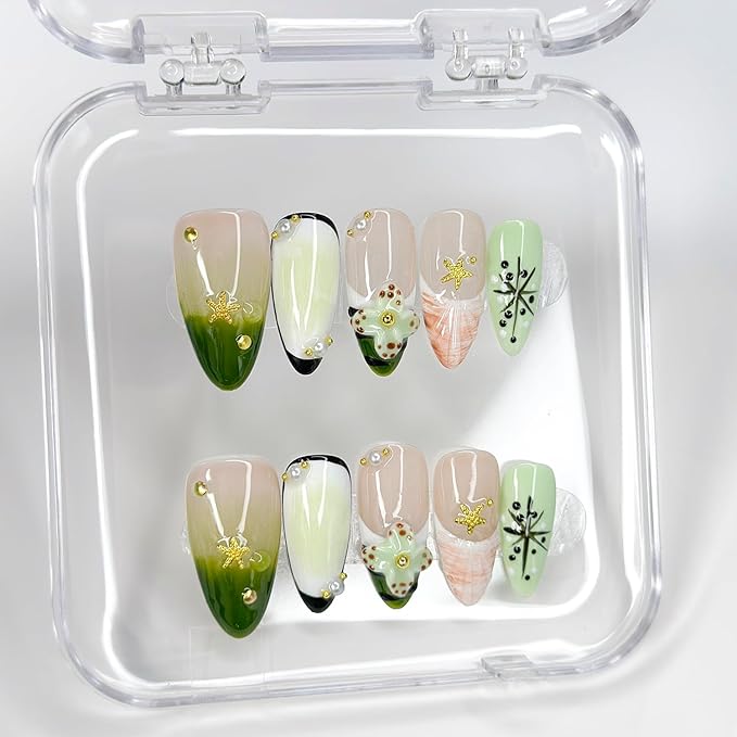 Luxury Press on Nails Medium Almond Handmade 3D Unique Reusable ABS Material Fake Nails Green French Tip False Nails with Designs Starfish Floral Art Petal Glossy Glue on Nails Thick Acrylic Nails(S)