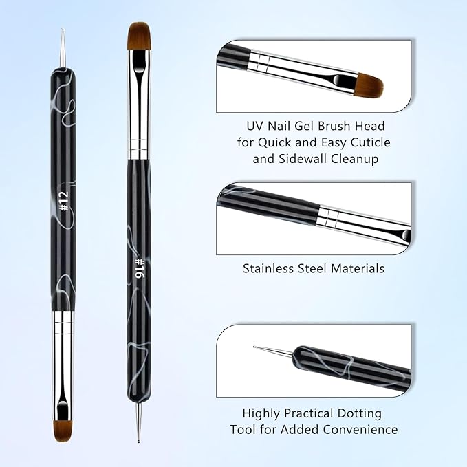 French Manicure Brush Set with Dotting Tools, Double-Ended Nail Art Brushes for Gel & Acrylic, Precision Clean Up & Detail Design, 4 Sizes (#10#12#14#16), NB128-Black