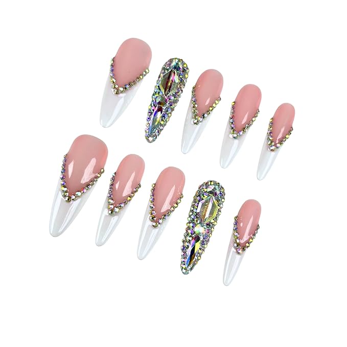 French Tip Press On Nails Long Stiletto,10 Pcs Handmade Acrylic Fake Nails Press Ons Salon Design Stick On Nails,Luxury UV Gel Glue On False Nails with 3D Rhinestone 039L)