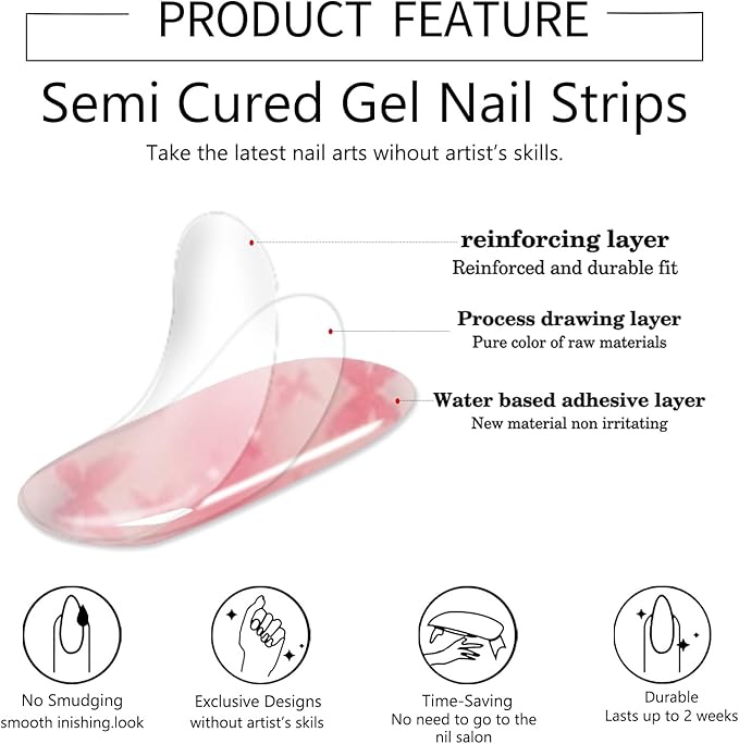 WOKOTO 1 Sheets Butterfly & Cat Eye Design Semi Cured Gel Nail Strips With Nail File & Wooden Stick For Women, 20 Tips Semi Cured Gel Nails Polish Stickers Strips UV Full Nail Wraps Stick On Nails