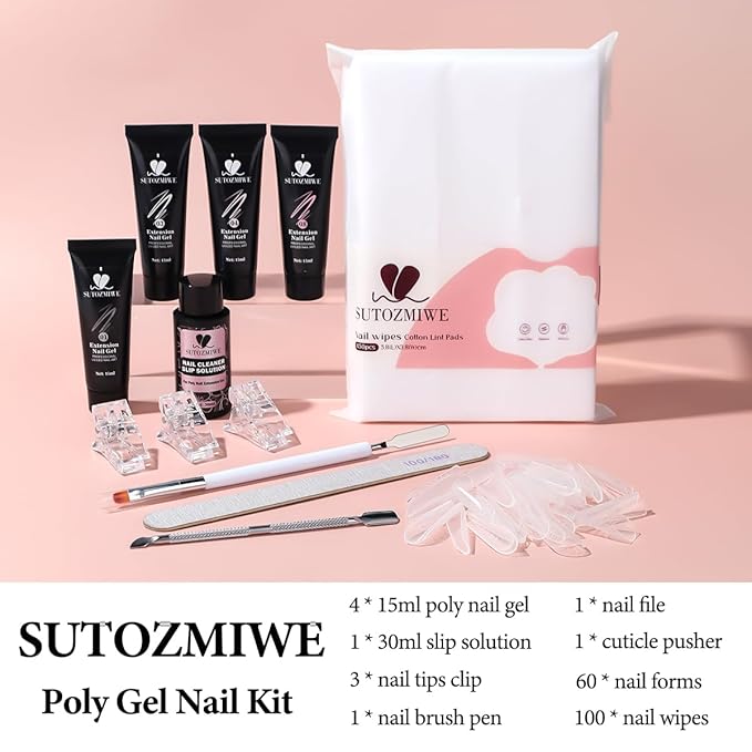Poly Gel Nail Kit, Clear White Nude Pink Nail Extension Gels with Slip Solution, Dual Nails Forms for Builder Gel, Nail Starter Kit, Home DIY Manicure Set