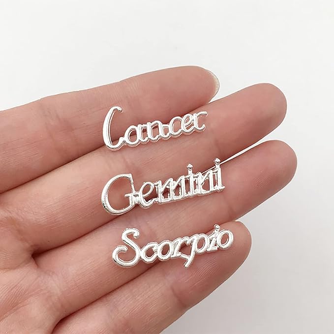 24 Pieces Silver Alloy Zodiac Nail Charms 12pcs Zodiac Signs Nail Studs 12pcs Constellation Words Charms Twelve Constellation Nail Charms for Women Girls Nail Art Decoration