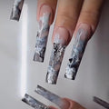 Long Coffin Press on Nails Y2K With 3D Butterfly Designs Black and White Full Cover Nude Acrylic False Nails for Women 24 Pcs