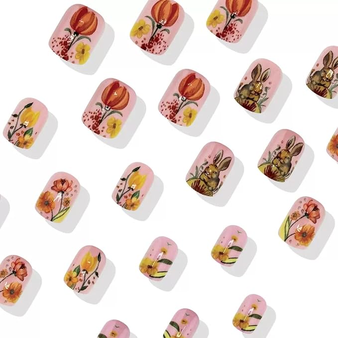 Easter Press on Nails Square - Medium Fake Nails with Buuny Design - Spring, Colorful Flower False Nails - for Women 24 Pcs