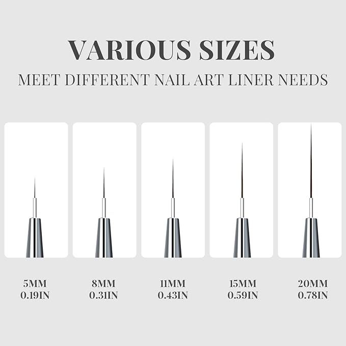 Nail Art Liner Brushes, 5Pcs, Size 5/8/11/15/20mm Nail Art Tools with Striping Nail Art Brushes for Long Lines, Thin Details, Fine Drawing. Striper Brushes Set Christmas Gift for Women