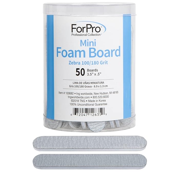 ForPro Professional Collection Mini Foam Board, Zebra, 100/180 Grit, Double-Sided Manicure Nail File, 3.5” L x .5” W, 50-Count