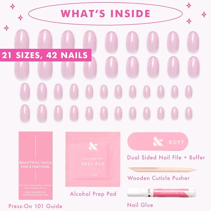 Olive & June Instant Mani Press-On Nails (Glue) | 42 Fake Nails, 21 Sizes | Non-Toxic, Long-Lasting Recycled Materials Realistic Look | Spring Flowers & Patterns | Medium, Oval | Iridescent Pink