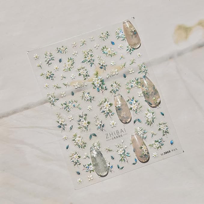 Holographic White Jasmine Flower Nail Art Stickers, 3D Floral Design with Iridescent Effect