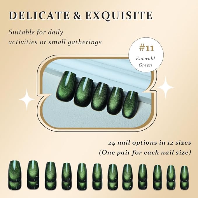 evpct Emerald Green Cat Eye Coffin Press on Nails Square Medium, Medium Square Stick on Nail for Women Gift, Green Metallic Glitter Glossy Reusable Soft Gel Press on Acrylic Fake Nail with Designs