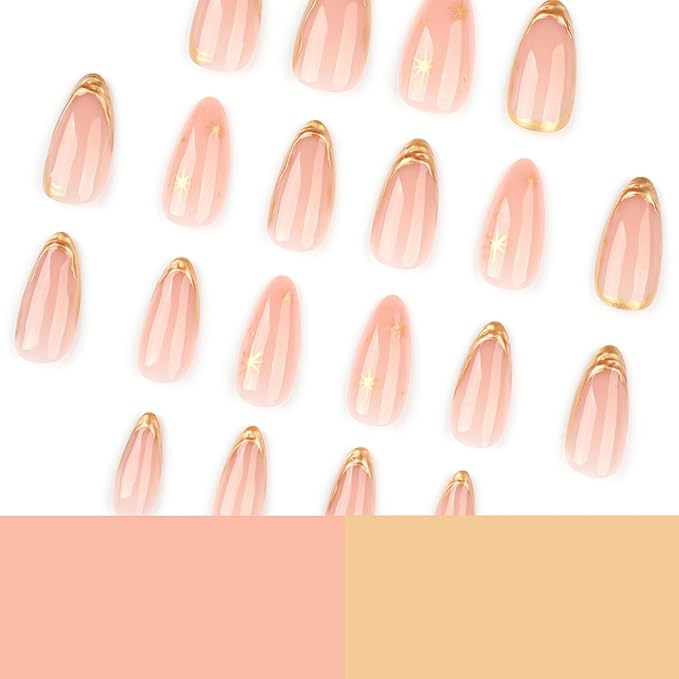 3D Press on Nails Medium Almond MABKJLF Gold French Tip Fake Nails False Nails with Stars Designs Nude Glossy Glue on Nails Full Cover Glossy Glue on Nails Acrylic Nails for Women Girls 24Pcs