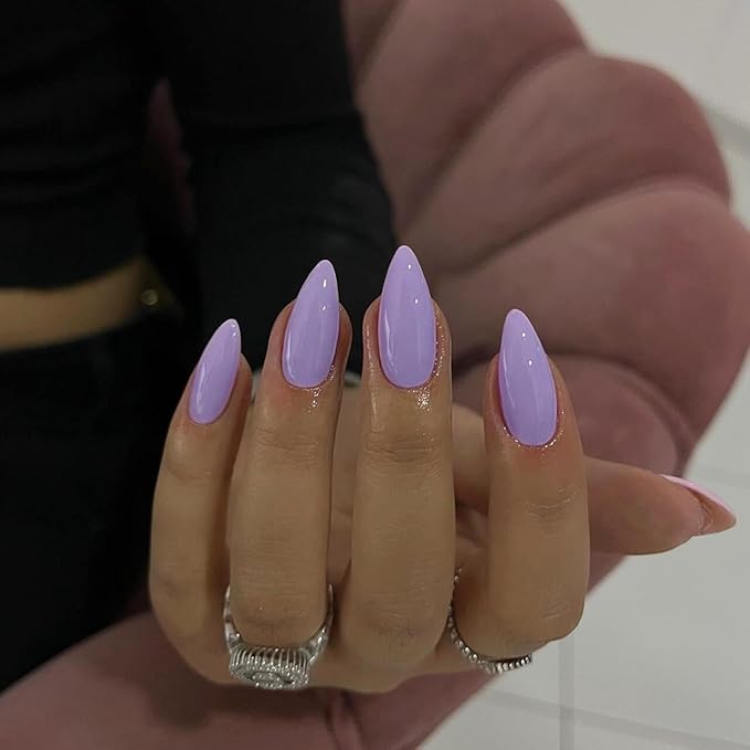 Lilac Press on Nails - 48Pcs Almond Shaped Neutral Thick Fake Nails for Women, Medium Length, Reusable Acrylic, Glue on, Stiletto False, Gel Artificial Lavender