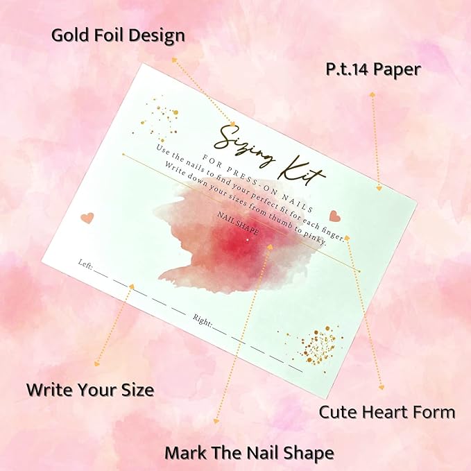 Press On Nails Sizing Kit Cards for Nail Business — 30 Pack Blank Size Chart Postcards, 5x7 Pink & Gold Foil, with Clear Bags, Press On Nail Business Supplies for Nail Tech