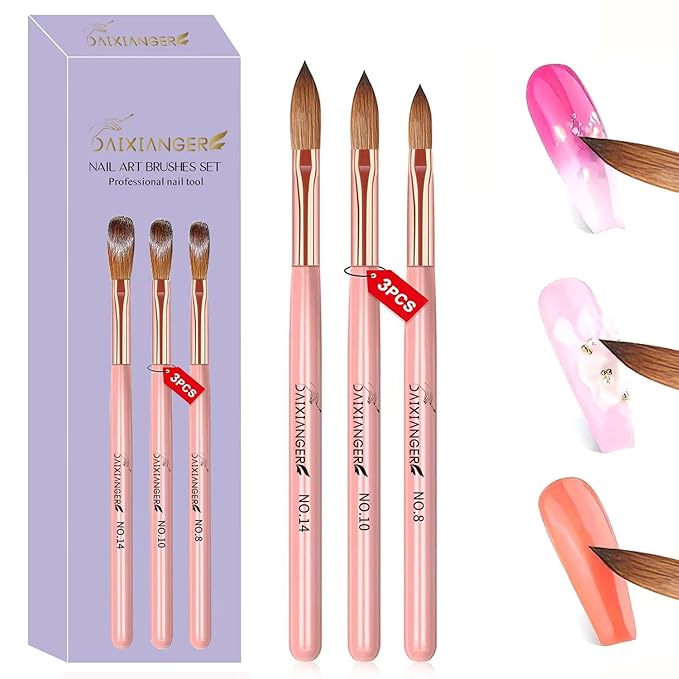 3PCS Rose Gold Acrylic Nail Brush Set,Size 8/10/14 Professional Nail Brushes for Acrylic Application Extension and 3D Carving for Nail Home Salon DIY