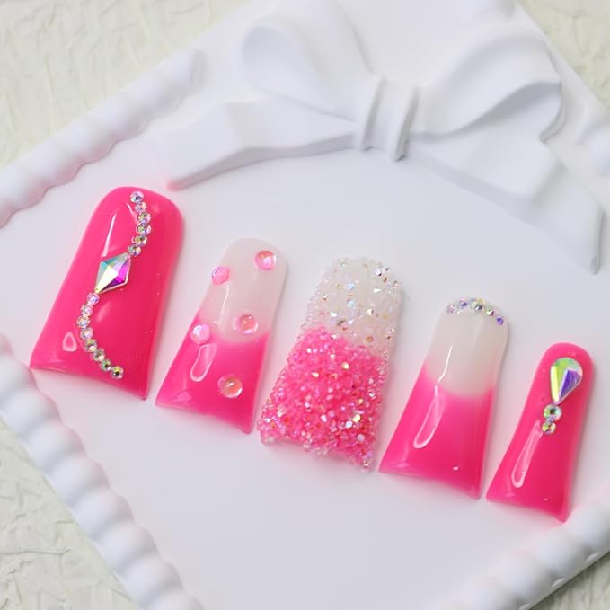 Handmade Press on Nails Long Duck Nails with Glue,Rose Pink Fake Nails with Rhinestone Design Reusable Acrylic Nature Stick on Nail Luxury False Nails for Wome (Size M)
