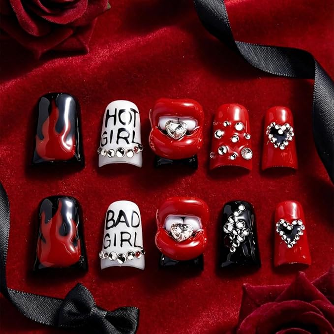 10 Pieces Luxury Acrylic Press On Nails Short Handmade Duck Nails, Thickened False Nails, Red And Black Flames And Glittering Red Lips, Reusable Fake Nails, Acrylic Nails (M)