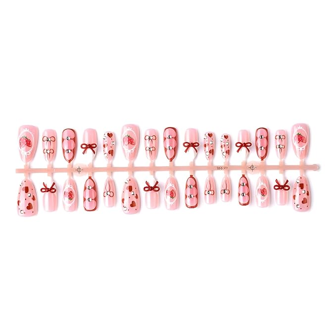 Valentines Press on Nails Medium Almond Fake Nails Red Heart Nails Press Ons 3D Bow Glue on Nail with Rhinestones Design Strawberry False Nails Glossy Stick on Nail for Women Decoration Set 30Pcs