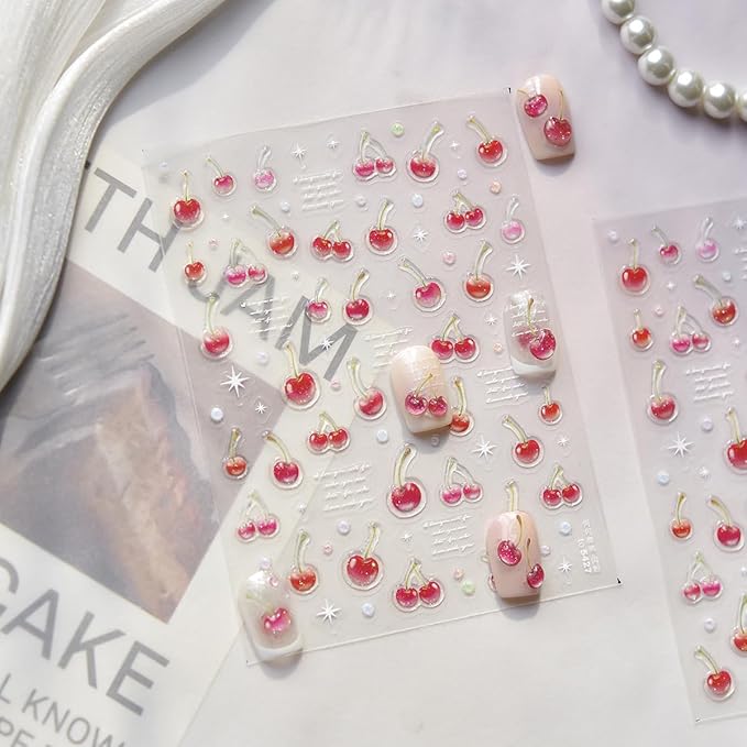 5D Cute Nail Stickers for Nail Art Embossed Crystal Red Cherry Nail Decals Self Adhesive Colorful Polka Dot Nail Design French Nail Art Stickers Fruit Cherry Nail Supplies Decoration for Women 1Sheet