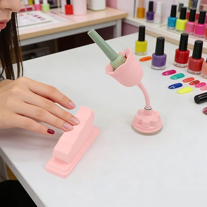 Nail Polish Bottle Holder with Silicone Hand Rest, Tilted and Anti-Spill Nail Polish Holder Stand, Strong Suction cup, 360°Rotation Rose-like Nail Stand, Nail Art Tools (Pink Stand and Hand Rest)