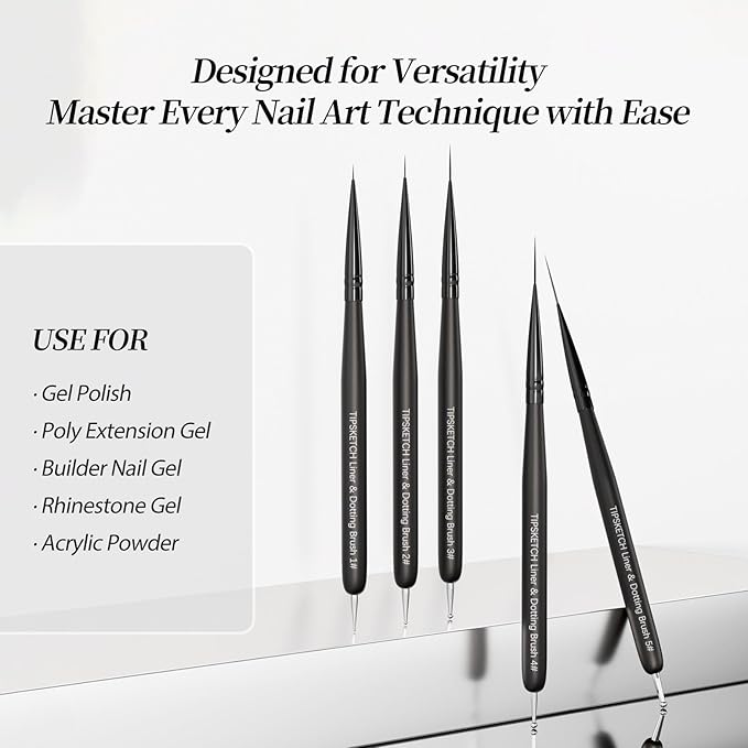 Nail Art Liner Brushes 5Pcs with Caps & Bag,Double‑Ended Thin Liner & Dotting Pen Set(4/8/12/15/20mm) for Long Lines,Fine Details,Gel Polish & Nail Painting