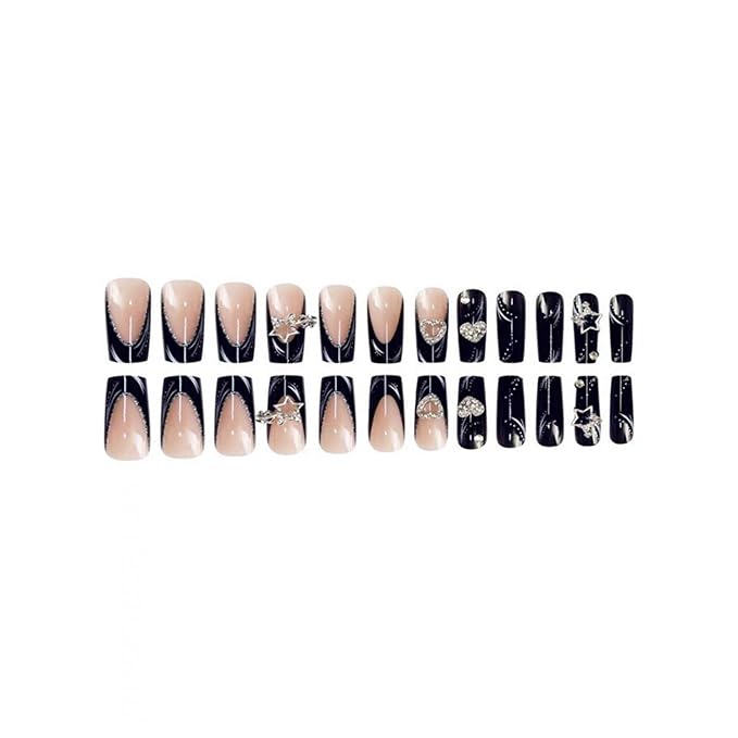 Long Press on Nails Square Fake Nails Black Artificial Nail French Stars and Heart Designs Stick on Nail for Women 24pcs