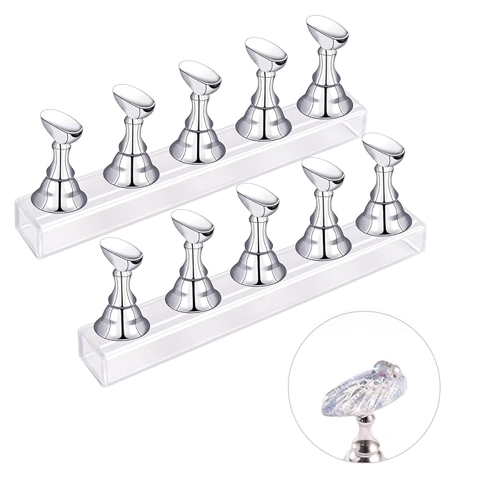 2 Sets Nail Display Stands, Fake Nail Display Stand For Painting Nails DIY Nail Magnetic Practice Stand, Nail Polish Practice Nail Art Kit For Beginners, Home And Nail Salon Use (Silver)