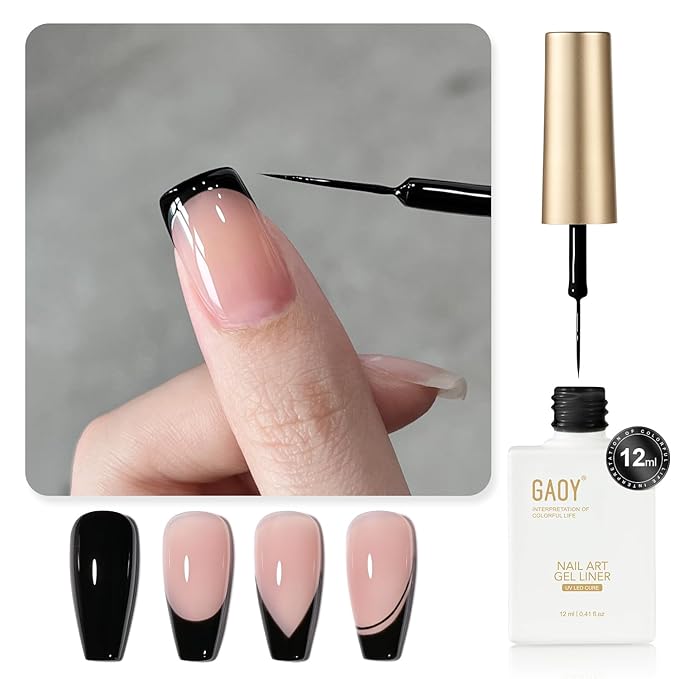GAOY Black Swirl Gel Nail Polish Art Liner, 12ml Classic Color Nail Paint Design with Thin Brush, UV Light Cure for DIY French Manicure at Home