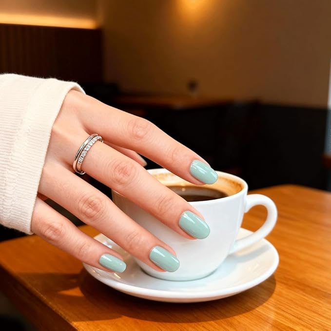 Press On Nails Almond,Medium Blue Green Soft Gel Fake Nail Kit With Nail Glue,30-Piece-15 Sizes Durable Reusable Press On Nails for Women Gift(light green)